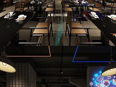 现代工业其他餐饮空间 工业风主题餐厅 舞台 霓虹灯 桌子 冰箱