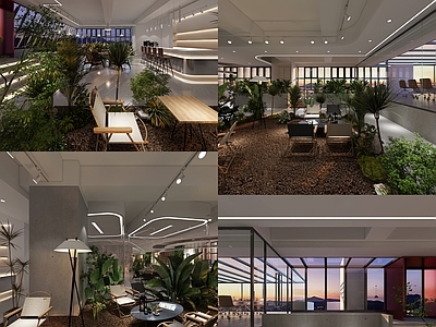 现代办公大厅 现代办公前厅 前台 水吧台 植物 露营椅子
