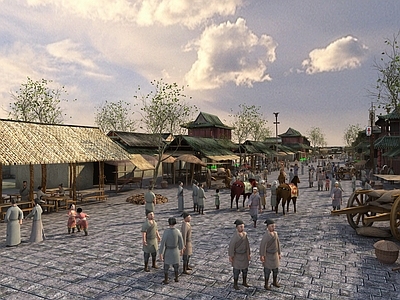 中式古建 中国古代街景 古代集市场景 古代人物