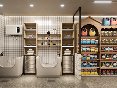 现代奶油宠物店 现代简约宠物店 宠物用品 宠物店洗护间 宠物SPA