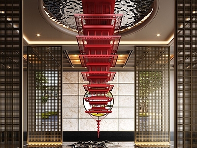 新中式酒店大堂 新中式酒店大堂 屏风隔断 雕塑装置 倒挂装置