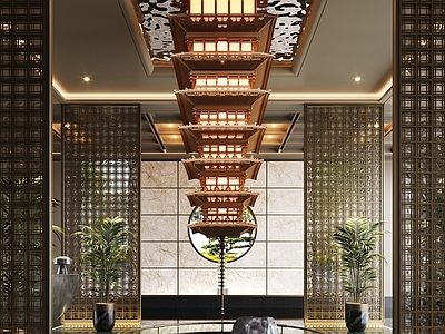 新中式酒店大堂 新中式酒店大堂 屏风隔断 雕塑装置 倒挂装置