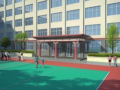中式学校建筑 学校操场 教学楼学校 藏式