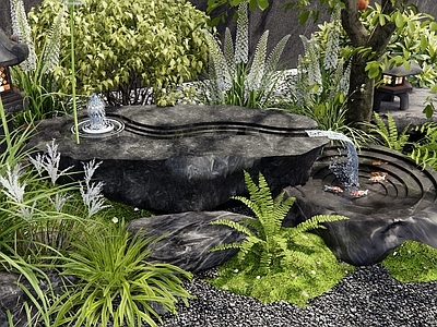新中式假山水景 水景 流水石 枯山水小品 植物景观 喷泉石
