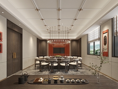 新中式中餐厅 新中式餐厅包厢 包间 圆餐桌椅