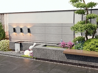 现代景墙 流水景墙 灌木 庭院花园 庭院景墙 植物堆