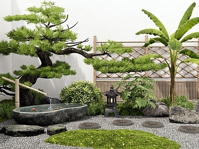 新中式庭院小品 枯山水庭院 汀步 水钵水景 景观石头 松树造景