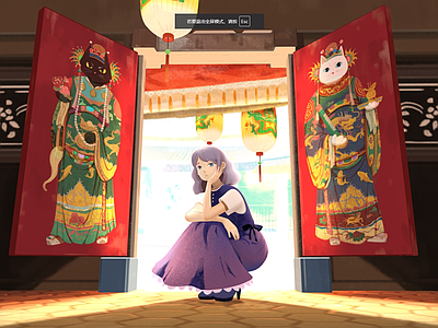 女人 猫门神 蹲着女孩 卡通女人 门口灯笼 中国风门入口