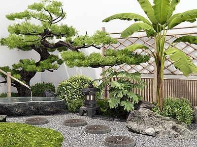 新中式禅意庭院 枯山水 汀步石 竹篱笆 植物堆 水钵水景