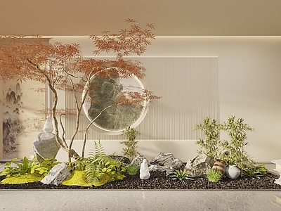 新中式日式室内景观 宋式风景观造景 植物堆 天井 楼梯景观 景观小品