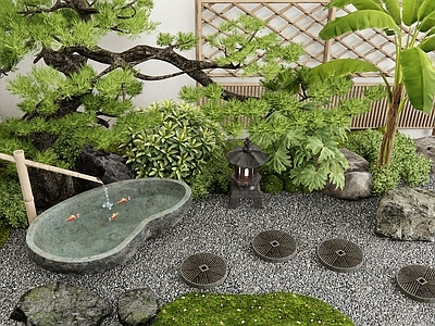 日式新中式庭院小品 汀步 水钵 水景 植物造景 枯山水景观