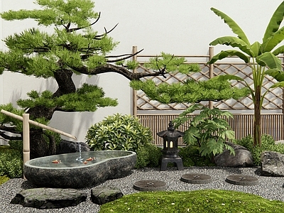 日式新中式庭院 乡村庭院 景观石头 竹篱笆 松树 水钵水景