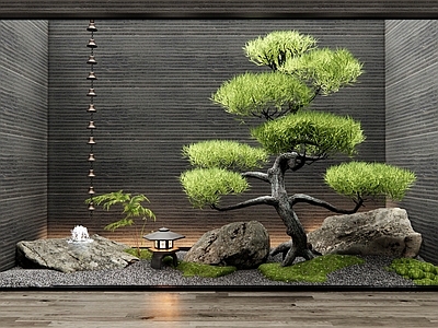 新中式室内景观 景观石头 松树 喷泉石 雨链 苔藓