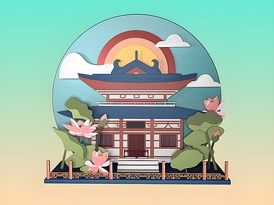 现代简约古建 国潮建筑 建筑剪影 植物风景场景 古建筑