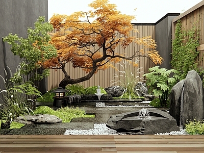 日式新中式庭院 水钵 水景 景观石头 老石板汀步 植物造景