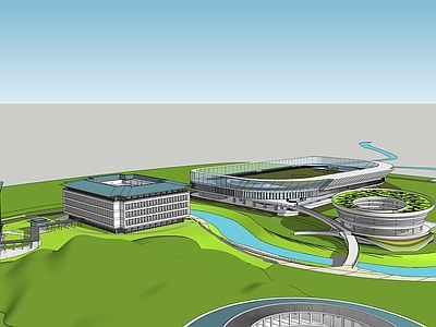 现代新中式学校建筑 教学楼学校 学校操场 体育馆 艺术楼