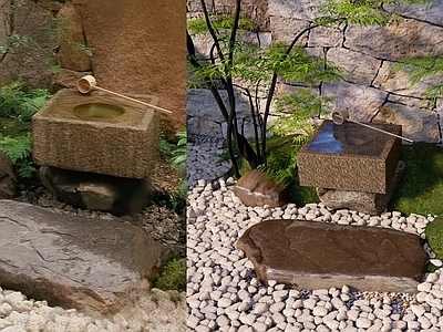 新中式日式庭院小品 庭院景石水钵水景 庭院禅意景石水景 天井庭院景观 下沉庭院景石水景 景石水钵水景
