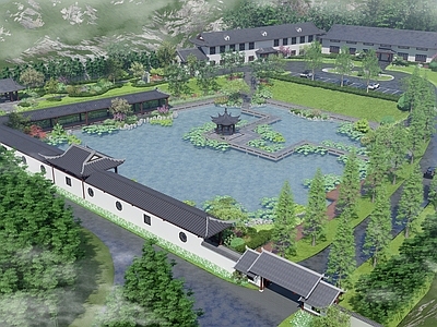 中式新中式营地 公园 假山 池塘 廊桥 产业园