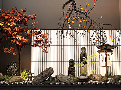 新中式其他景观小品 新中式庭院小品 景观造景石头 红枫植物 栓马柱石狮子