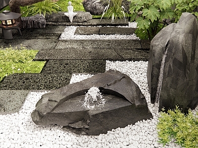 日式新中式水景 水钵 水缸水景 流水石 喷泉石 老石板 汀步