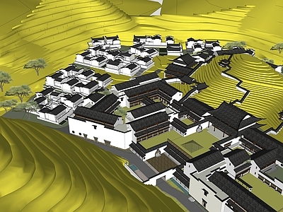 中式复古乡村民房 徽派民宿 徽派民居建筑 白墙黑瓦建筑 山体地形徽派住宅 中式徽派景区