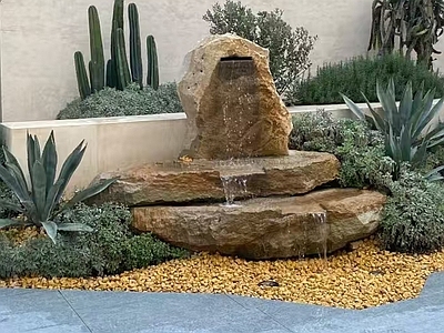 新中式侘寂水景 跌水 景观石水景 柏坡黄石头 流水景石 现代水景小品