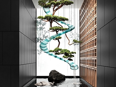 新中式室内景观 新中式室内水景观 流水 景观石 倒挂松树