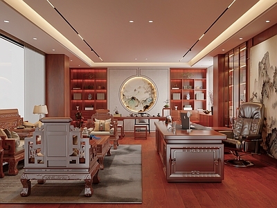 新中式中式董事长办公室 新中式办公室 老总室经理室 红木家具书房 新中式茶室茶舍 组合沙发