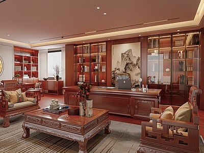 中式新中式董事长办公室 中式办公室 新中式办公室 老总室书房书柜 茶室茶台茶舍 组合沙发红木家具