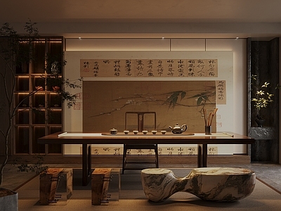 新中式禅意茶室 实木茶桌椅组合 大板桌茶台 茶柜 茶具用品 壁画