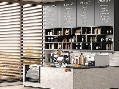 现代咖啡厅 奶茶店 咖啡吧台 面包店展柜 咖啡机 工作台