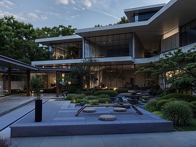 现代新中式民宿建筑 平地民宿建筑 别墅民宿 建筑景观全 带效果图