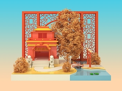 现代中古艺术风格建筑 国潮建筑 中国风建筑 植物风景场景