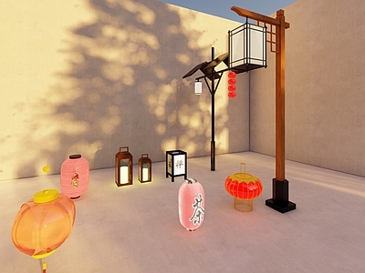 中式复古灯具组合 红灯笼灯具 景观灯庭院灯 灯笼合集