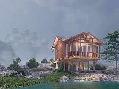 中式原木木屋 吊脚楼 木屋酒店 家庭房 旅游景区建筑