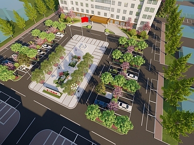 新中式中式办公景观 政府大院 办公楼 林荫停车场 游园 办公景观