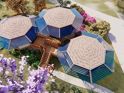 新中式原木树屋 花朵布置建筑 木屋酒店 森林树屋 文旅主题网红建筑