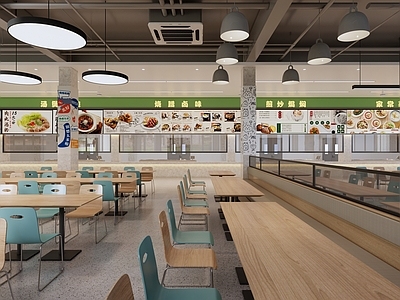 现代极简食堂 食堂明档 吊灯 餐椅 食堂餐桌