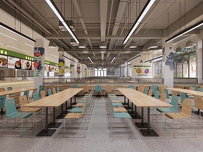 现代简约食堂 食堂明档 食堂桌椅 吊灯 管道