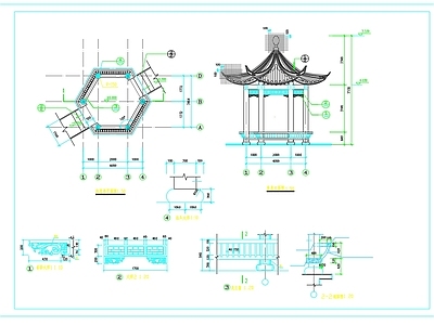 中式复古亭子 八角亭 四角亭 六角亭 凉亭全 施工图