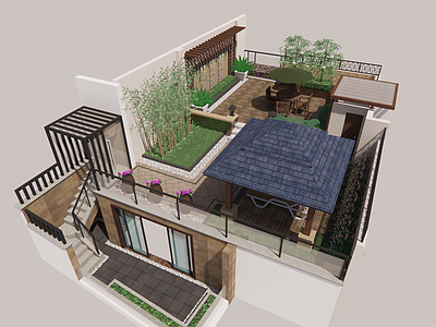 现代新中式屋顶花园 别墅庭院 花园庭院 屋顶花园