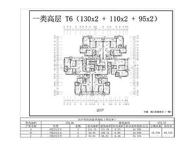 现代住宅楼建筑 一类高层 T6住宅平面 施工图