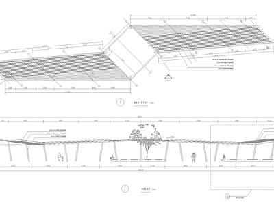 现代廊架 钢构格栅玻璃廊架 折线异形造型廊架 施工图