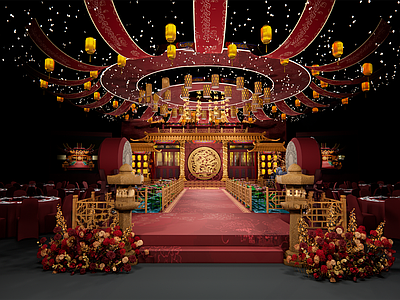 中式复古宴会厅 宴会厅 婚礼 中式婚礼美陈 酒店宴会厅