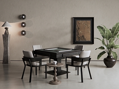 中古现代棋牌室 现代棋牌室 桌子椅子植物 挂画麻将边几 茶杯壁灯台灯