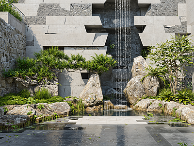 现代中式别墅庭院 下沉庭院 流水景观 块石 景石