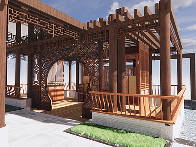 中式亭子 古建 水榭 庭院 凉亭 屏风