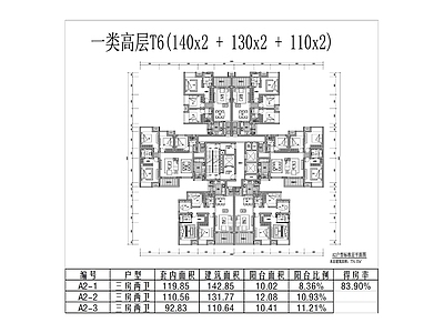 现代住宅楼建筑 一类高层T6 十字形 施工图