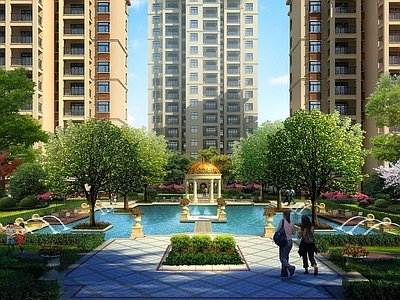 现代其他景观小品 欧式风格景观亭子水池