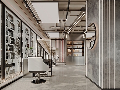 现代极简美发店 现代理发店 镜台 理发店 展示柜 剪发区